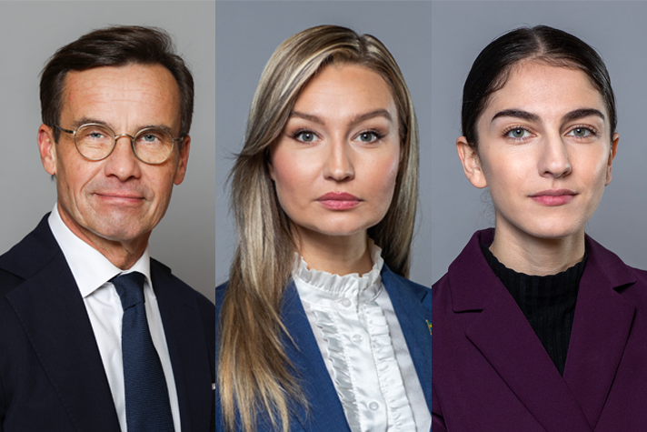 Ett kollage med porträttbilder av Ulf Kristersson, Ebba Busch och Romina Pourmokhtari.