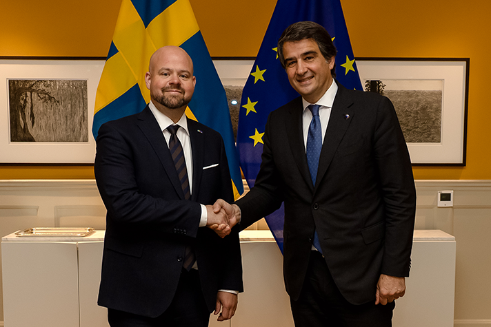 Peter Kullgren och Raffaele Fitto står inomhus och skakar hand. I bakgrunden syns svenska flaggan och EU-flaggan.