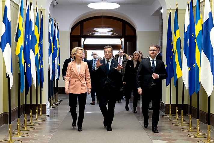 Statsminister Ulf Kristersson, Finlands statsminister Petteri Orpo och EU-kommissionens ordförande Ursula von der Leyen i Stockholm.