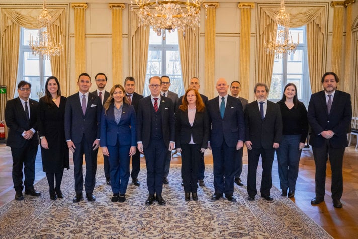 Utrikesminister Tobias Billström står med 14 ambassadörer uppställd i en fin sal på utrikesdepartementet. 