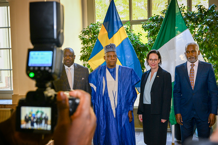 Gruppbild framför Sveriges och Nigerias flagga
